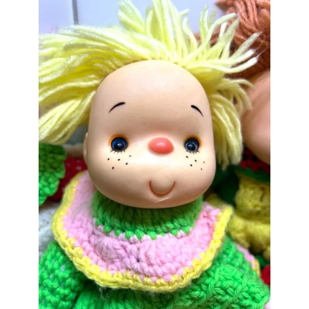 3 Vintage Crochet & Vinyl Dolls Retro Strawberry Lollipop Shortcake Style Yarn
